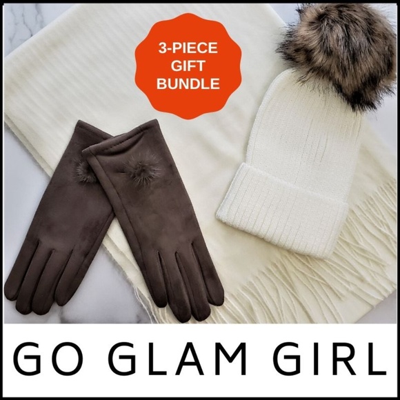 Glam Girl Fashion Accessories - NWT SCARF HAT GLOVE 3-PC GIFT BUNDLE, IVORY/TAUPE